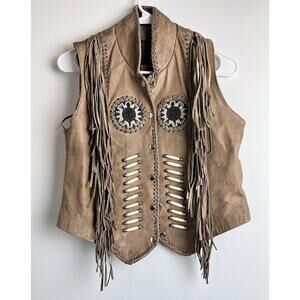 HOT LEATHERS Women's Size Large Leather beige‎ brown Fringed Vest